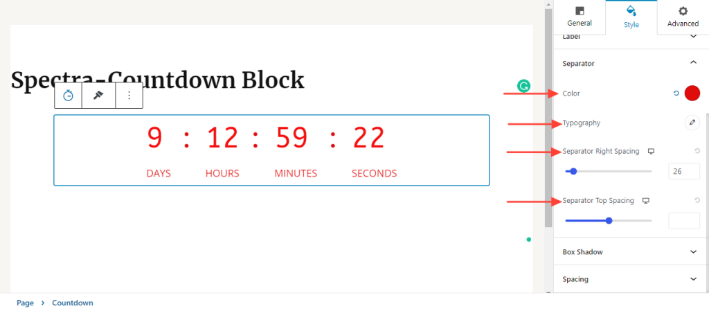 Spectra-countdown block-timer-separator-settings