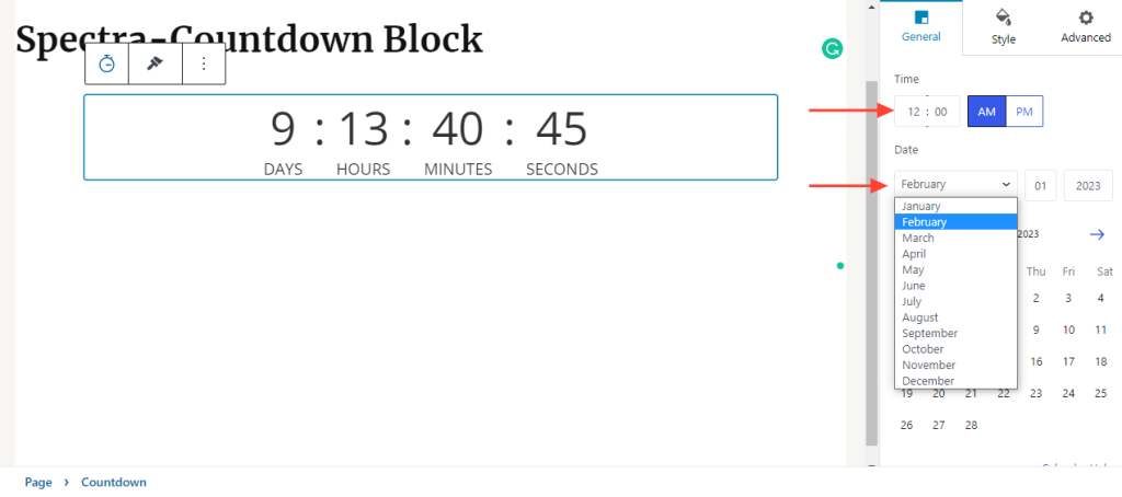 Spectra-countdown block-timer-settings