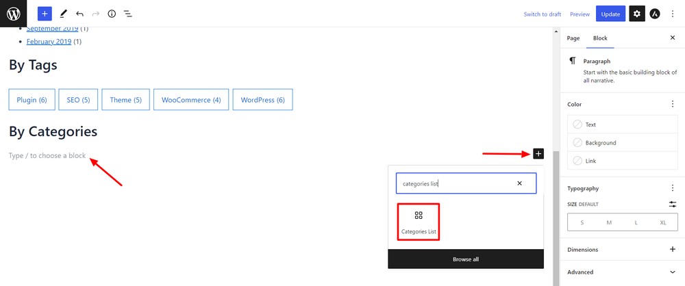 How to create a custom WordPress archive page - An easy to follow guide Add Categories List block