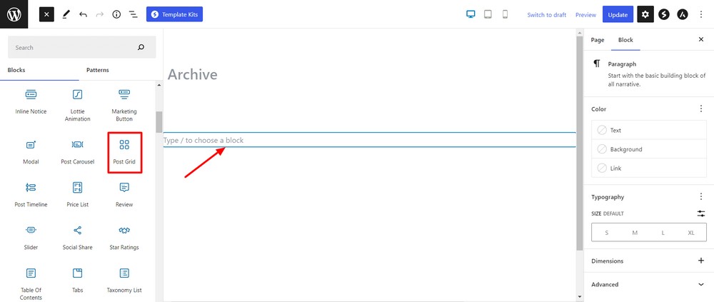How to create a custom WordPress archive page - An easy to follow guide Add post grid block