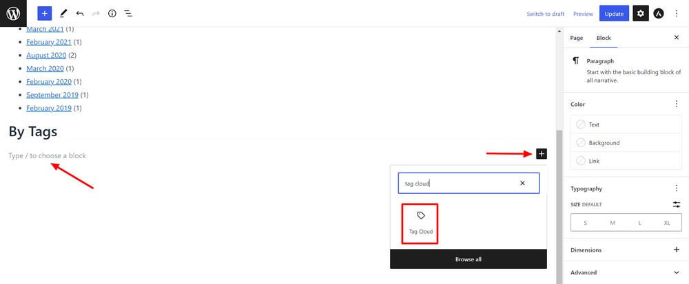 How to create a custom WordPress archive page - An easy to follow guide Add Tag Cloud block