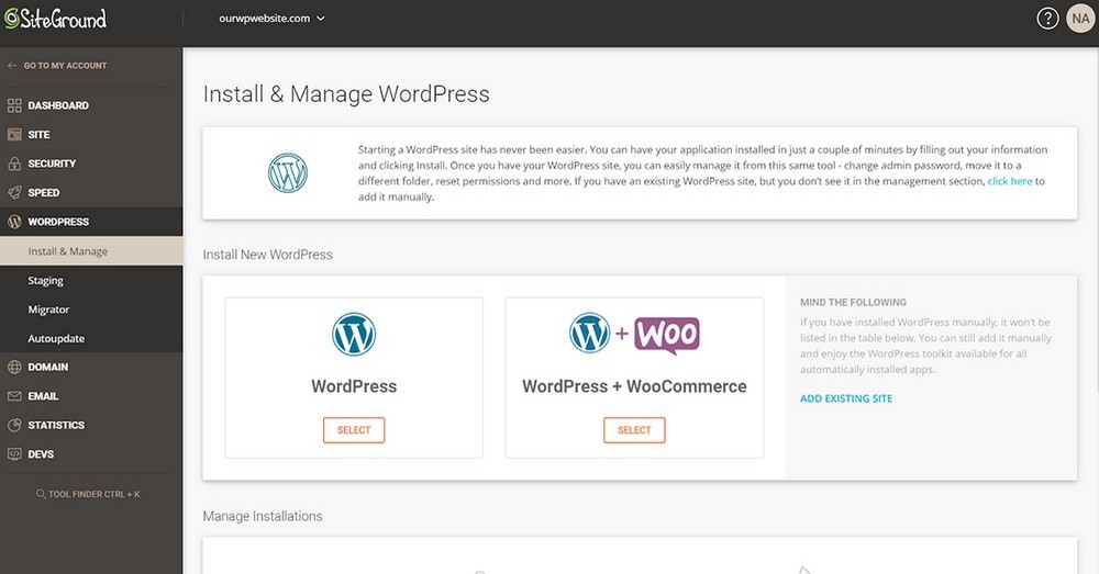 SiteGround - install and manage WordPress