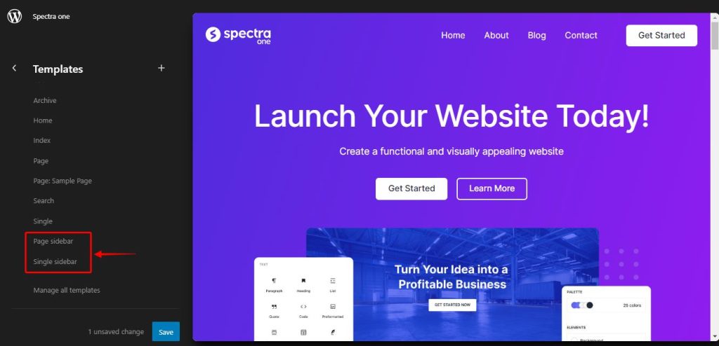 Changing Sidebar Position for Pages and Posts Spectra One Sidebar Settings 1024x494