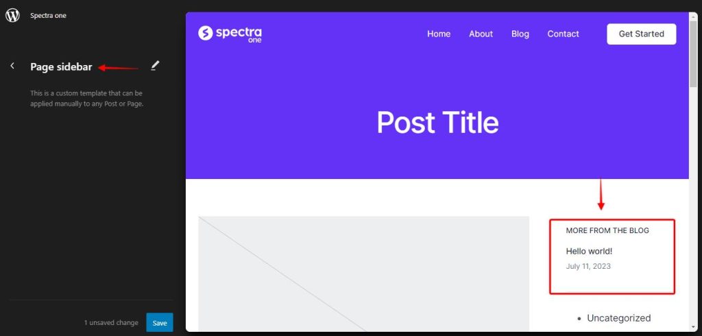 Changing Sidebar Position for Pages and Posts Spectra_one_sidebar_single_Page_settings