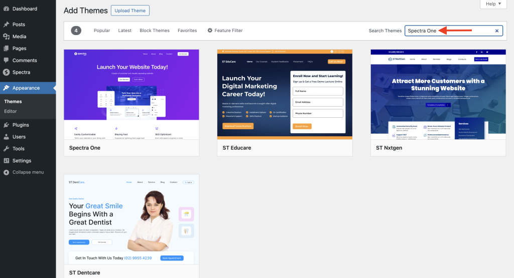 How to Install Spectra One Theme? search for the Spectra One theme