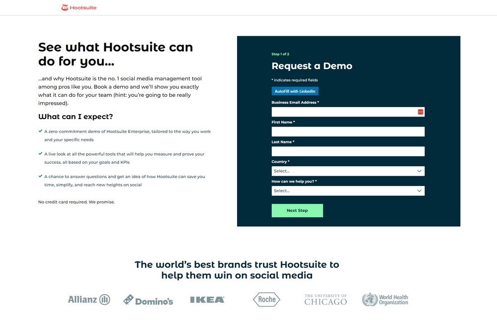 Hootsuite request a demo landing page