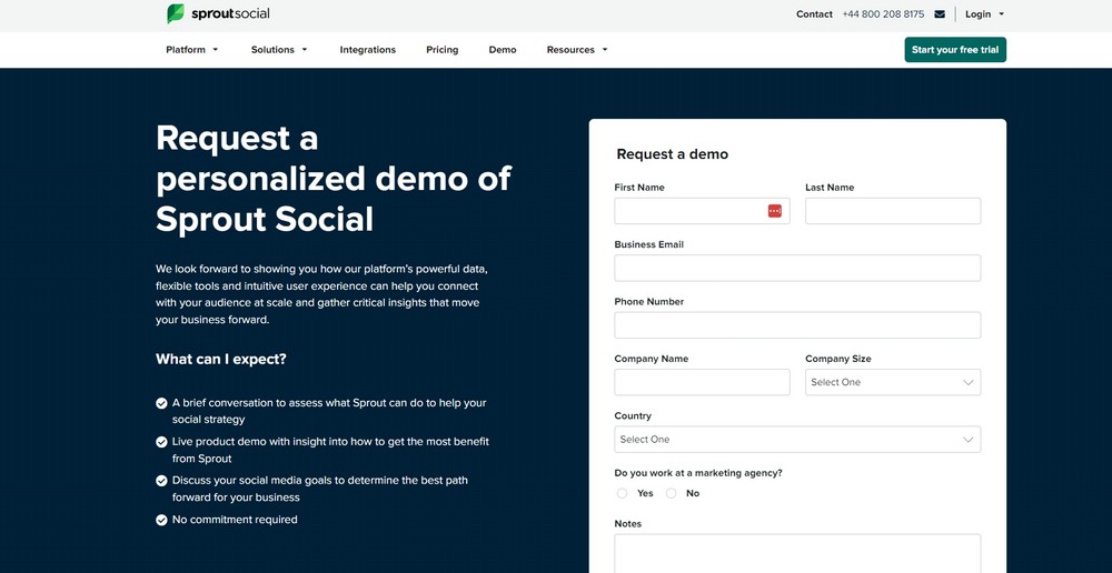 Sprout Social landing page to request a demo