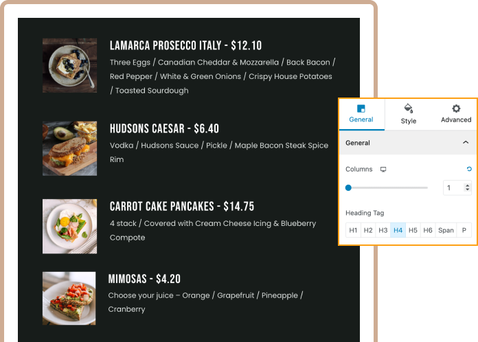 Customizable Columns Price List Block