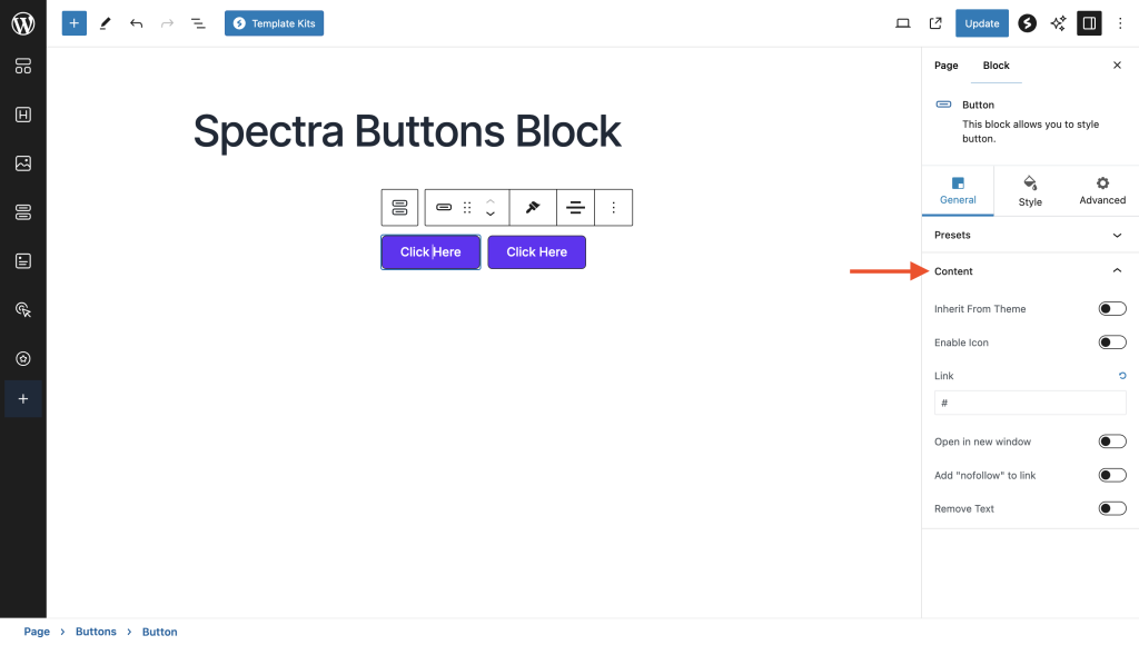 Spectra - Buttons Block Select the individual button and go to General -> Content