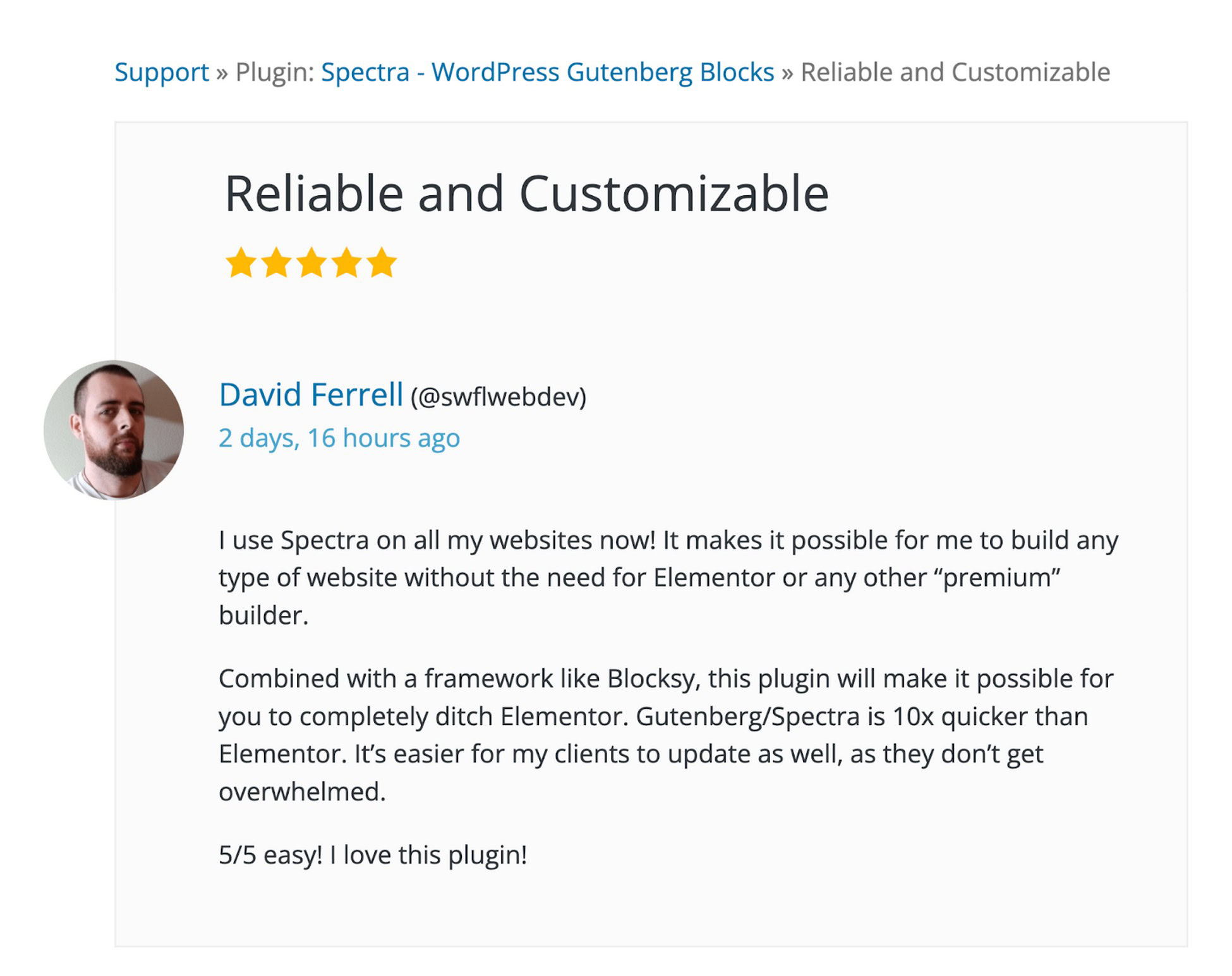 spectra user review on wordpress.org about customization