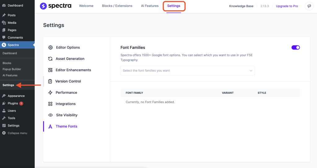 Add Custom/Google Fonts In Spectra One Settings