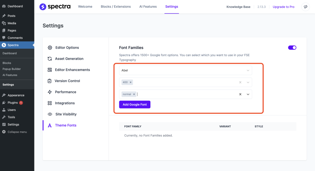 Add Custom/Google Fonts In Spectra One Add Google Font