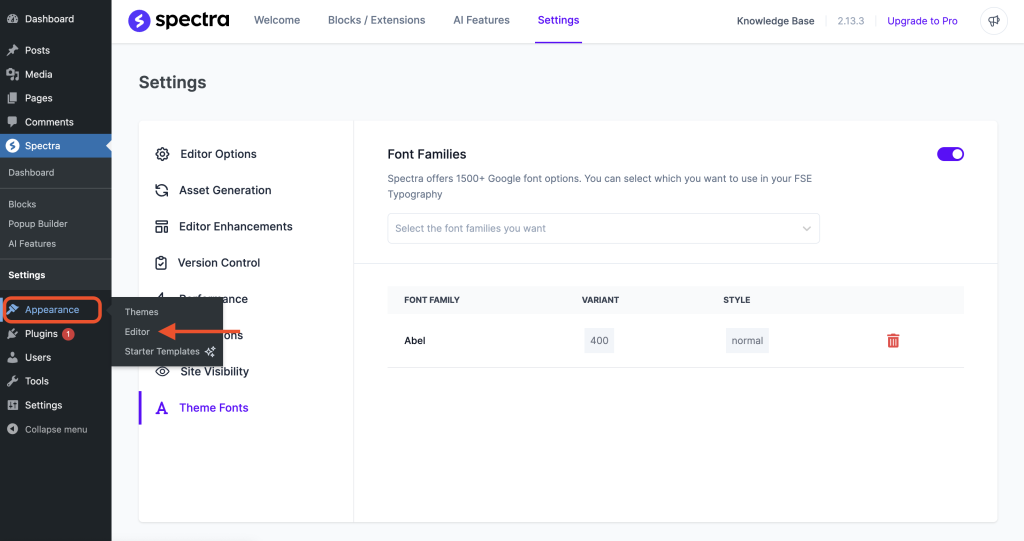 Add Custom/Google Fonts In Spectra One Access block editor