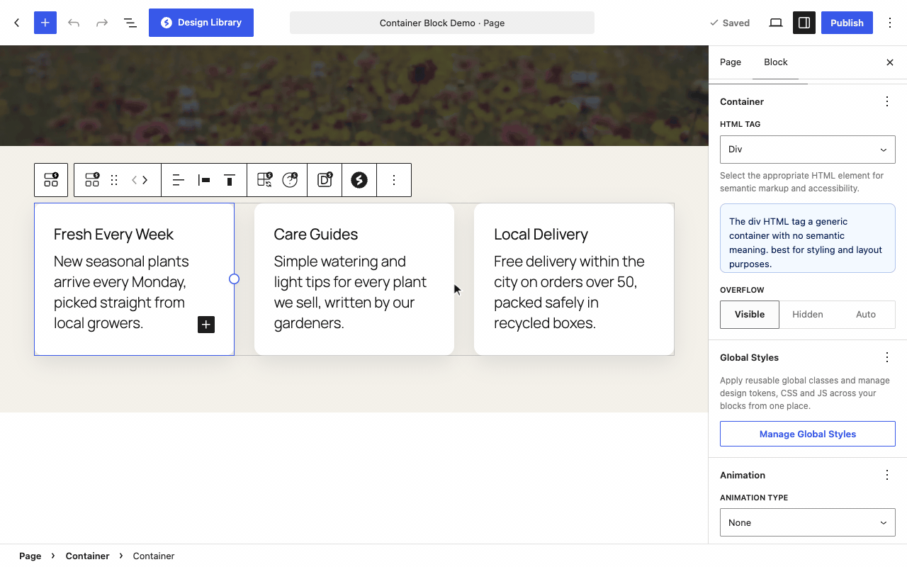 Setting the HTML tag to Link, adding a URL, and opening it in a new tab