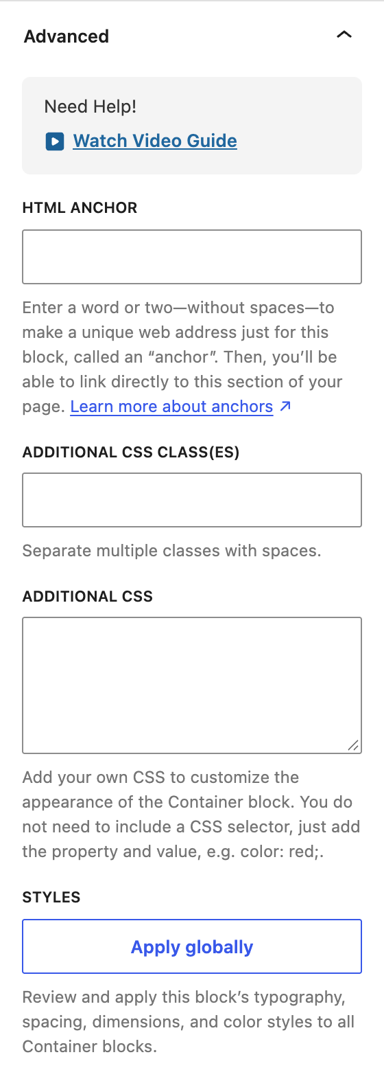 Advanced panel with HTML anchor, CSS classes, Additional CSS, and Apply globally