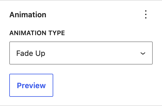 Animation panel with Fade Up selected and the Preview button