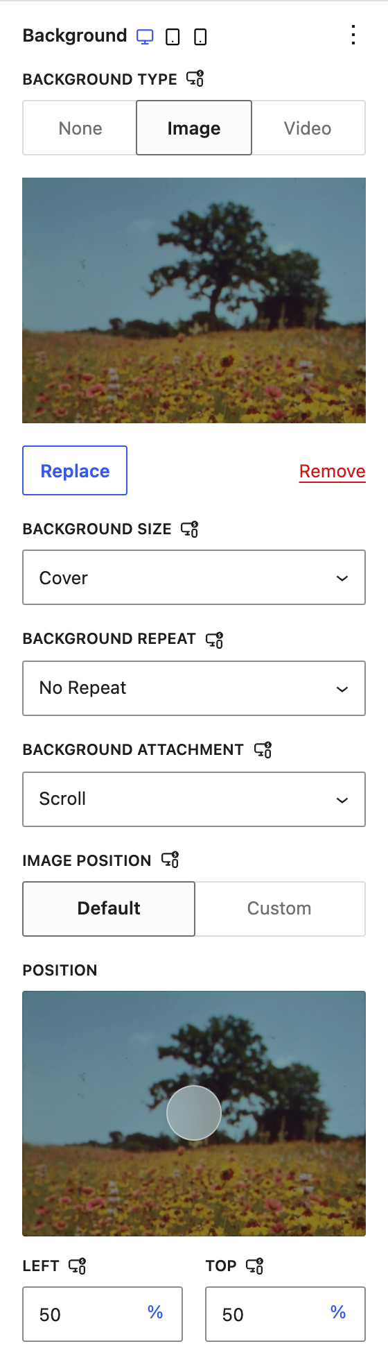 Background panel with an image selected and the size, repeat, attachment, and position controls