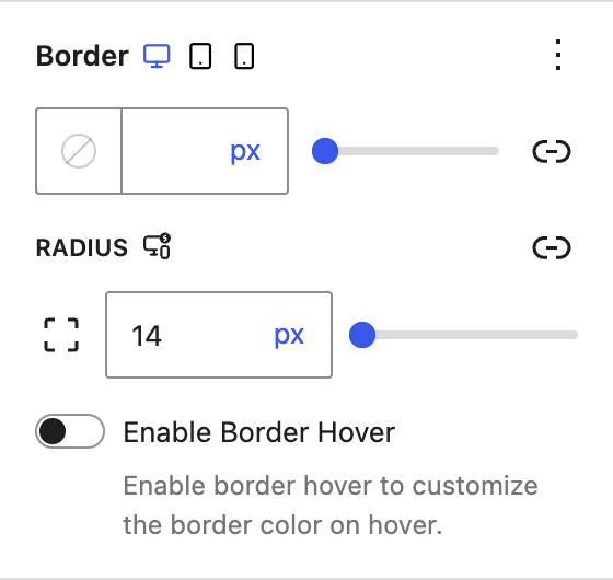Border panel with width, radius, and Enable Border Hover