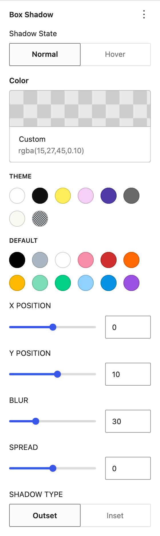 Box Shadow panel with the Normal and Hover switch and the shadow controls