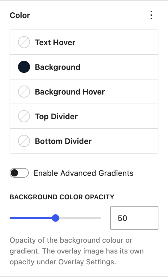 Color panel with hover, background, divider colors, and Background Color Opacity
