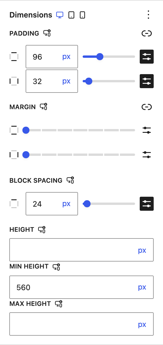 Dimensions panel of a top level Container with only the height fields