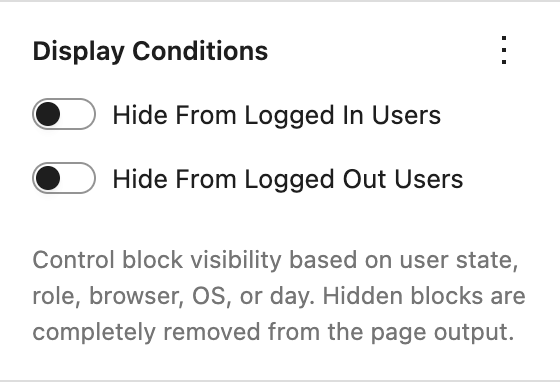 Display Conditions panel with the logged in and logged out toggles
