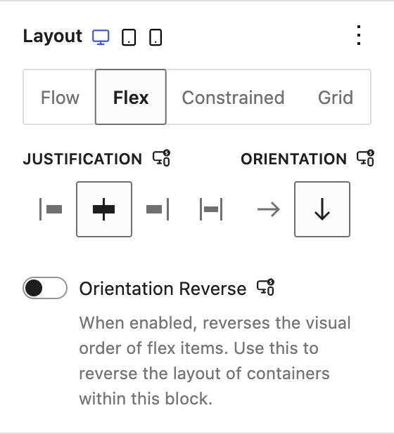 Layout panel with Flex selected, showing justification, orientation, and Orientation Reverse
