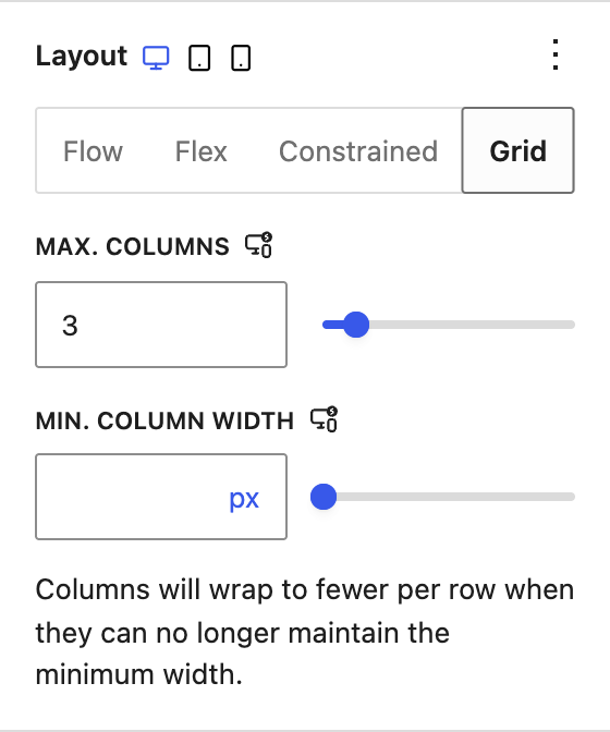 Layout panel with Grid selected, showing Max. Columns and Min. Column Width