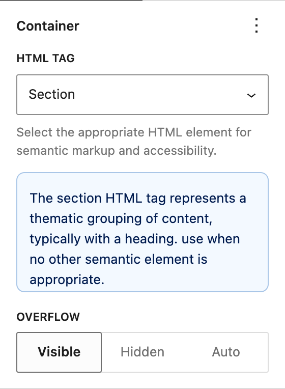 Container panel with the HTML Tag dropdown and Overflow options