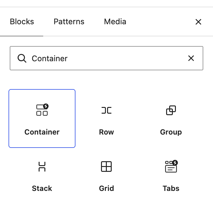 Block inserter with Container searched and highlighted