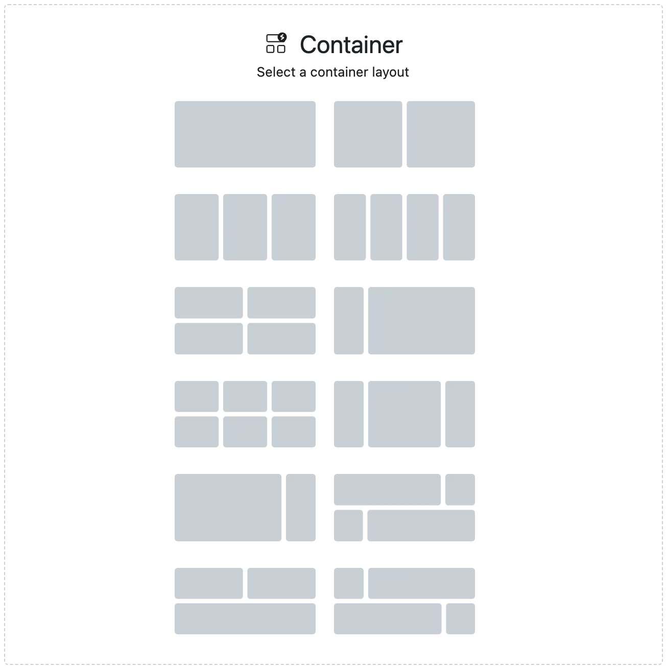 Container layout picker showing all twelve layouts