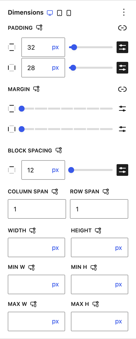 Dimensions panel of a nested Container with Column Span, Row Span, and all size fields