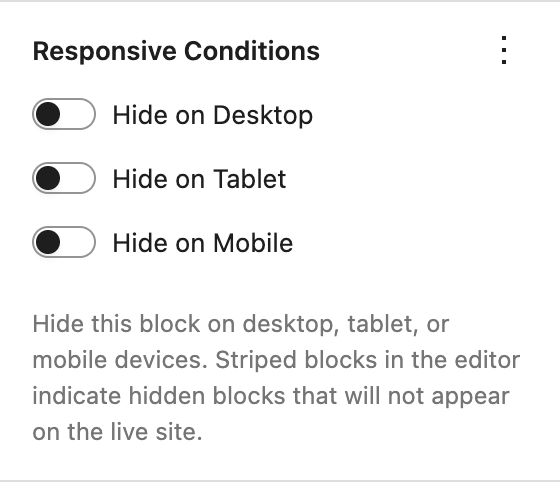Responsive Conditions panel with the hide on desktop, tablet, and mobile toggles
