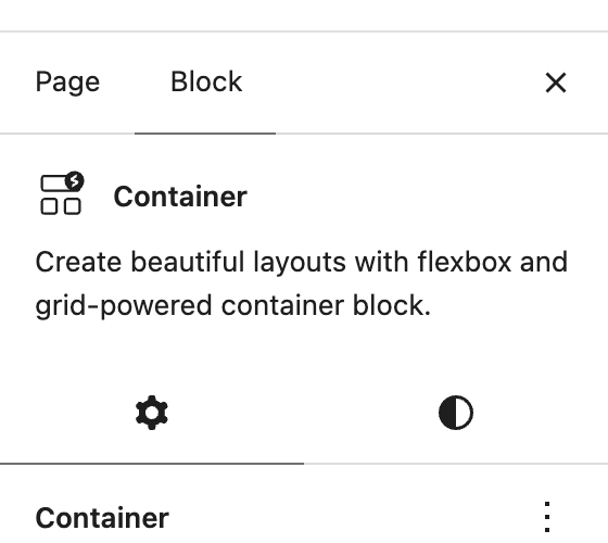 Container sidebar with the Settings and Styles tabs