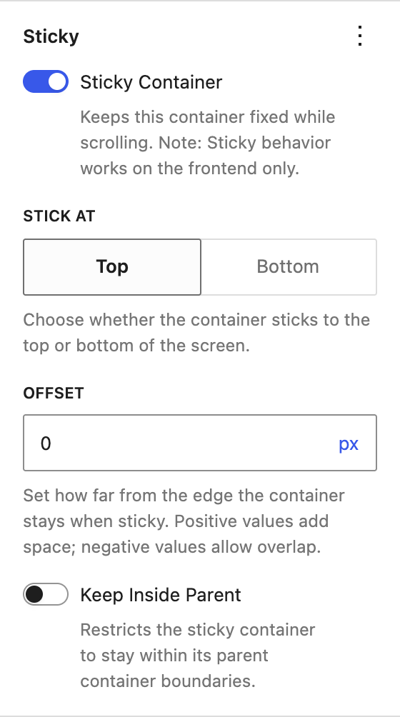 Sticky panel with Sticky Container on, the Stick At options, Offset, and Keep Inside Parent