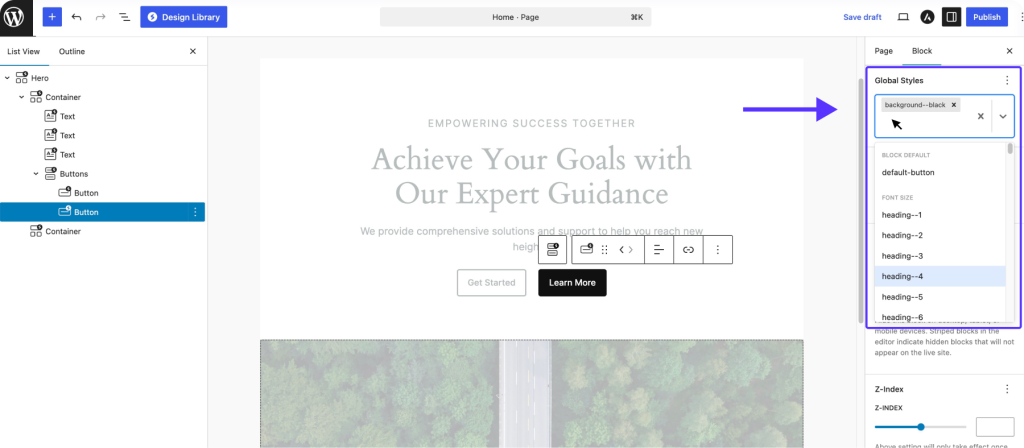 Spectra Global Styles find global styles in block settings