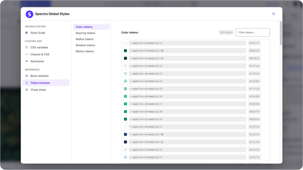 Spectra Global Styles spectra global styles token browser