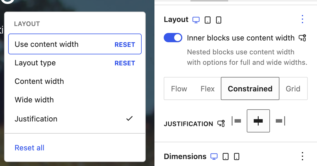 Layout panel options menu with Content width and Wide width