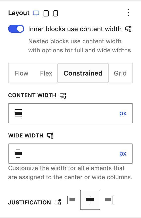 Constrained layout with the Content width and Wide width fields