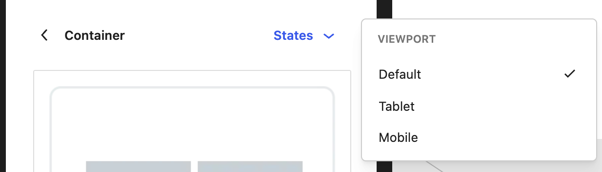 Container block styles in the Site Editor with the States menu showing Default, Tablet, and Mobile
