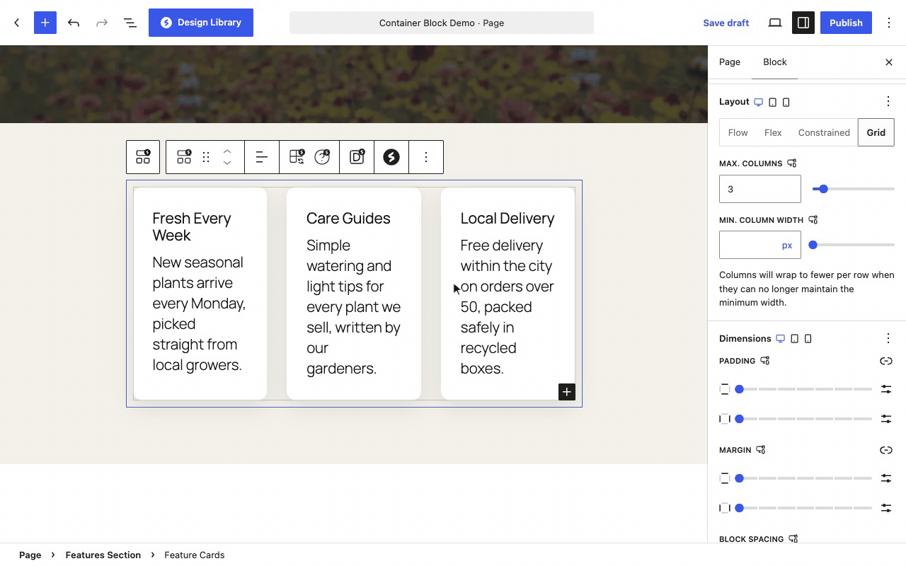 Switching on Responsive styles and setting the Grid to 2 columns on Tablet and 1 column on Mobile