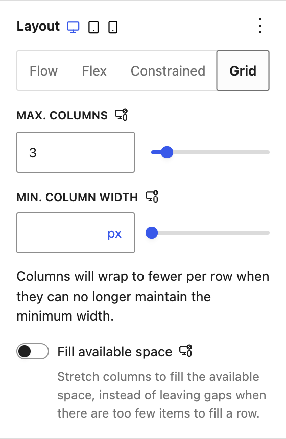 Grid layout with the Fill available space toggle