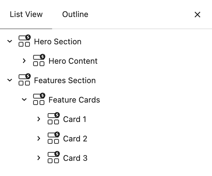 List View showing a Hero Section with Hero Content, and a Features Section holding a Feature Cards grid with three cards