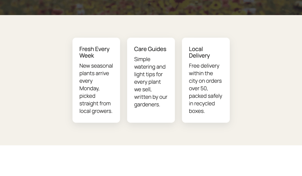 Three feature cards changing from three columns to two and then one column as the browser window gets narrower