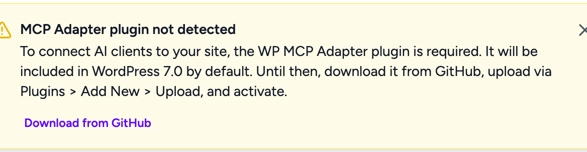 How to Use Spectra Blocks With AI Through the MCP Server MCP Adapter plugin not detected notice on the Spectra Blocks MCP Server screen