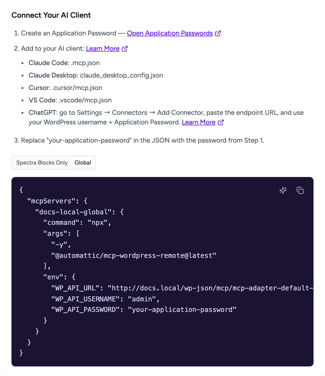 How to Use Spectra Blocks With AI Through the MCP Server Connect Your AI Client section with the Spectra Blocks Only and Global switch and the configuration box