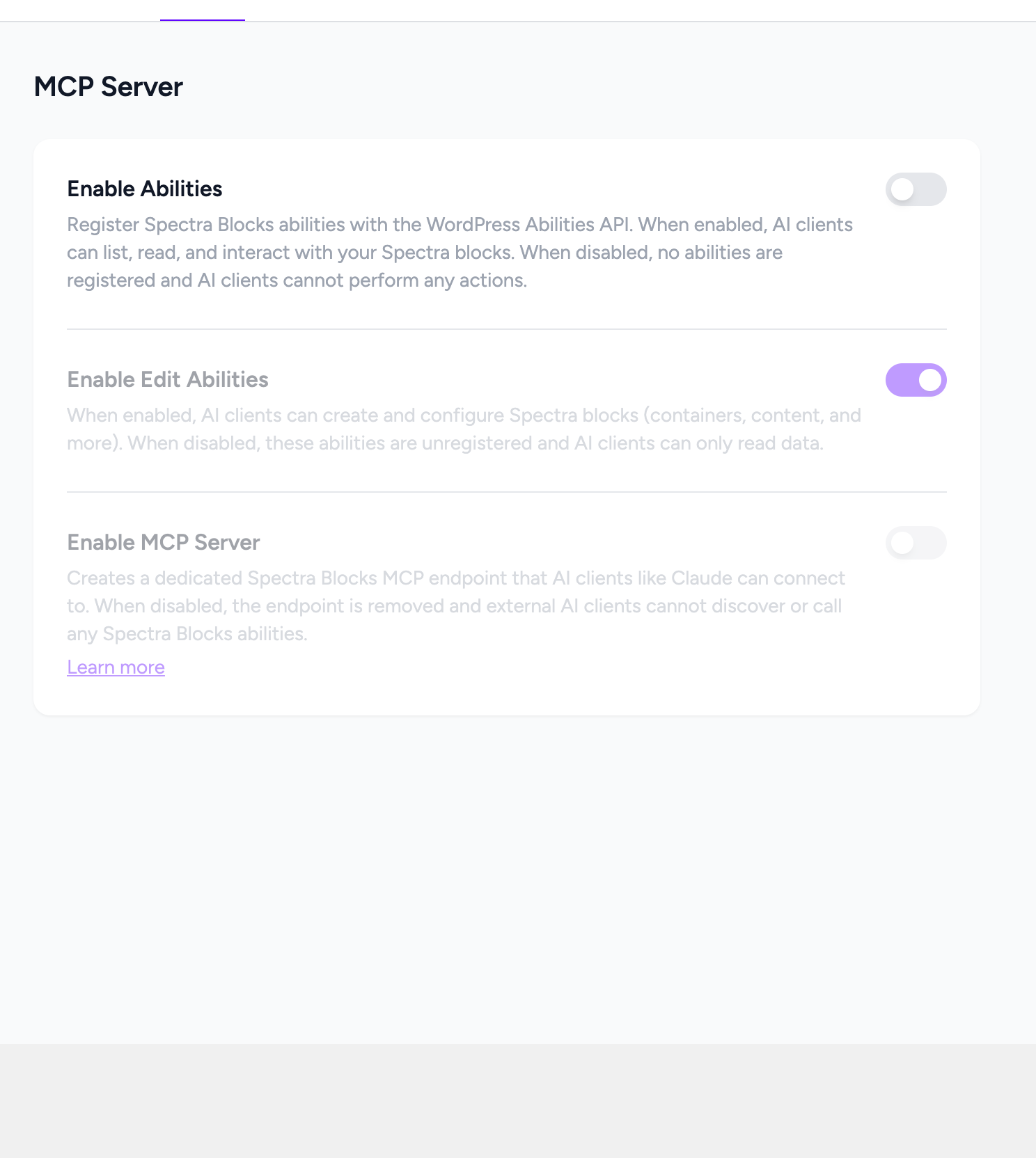 How to Use Spectra Blocks With AI Through the MCP Server Spectra Blocks MCP Server settings with the Enable Abilities, Enable Edit Abilities and Enable MCP Server toggles